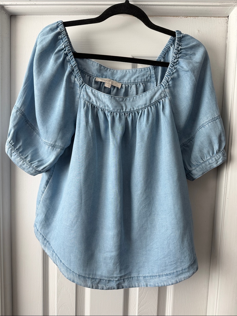 LOFT Light Blue Smocked Square-Neck Peasant Top - size M